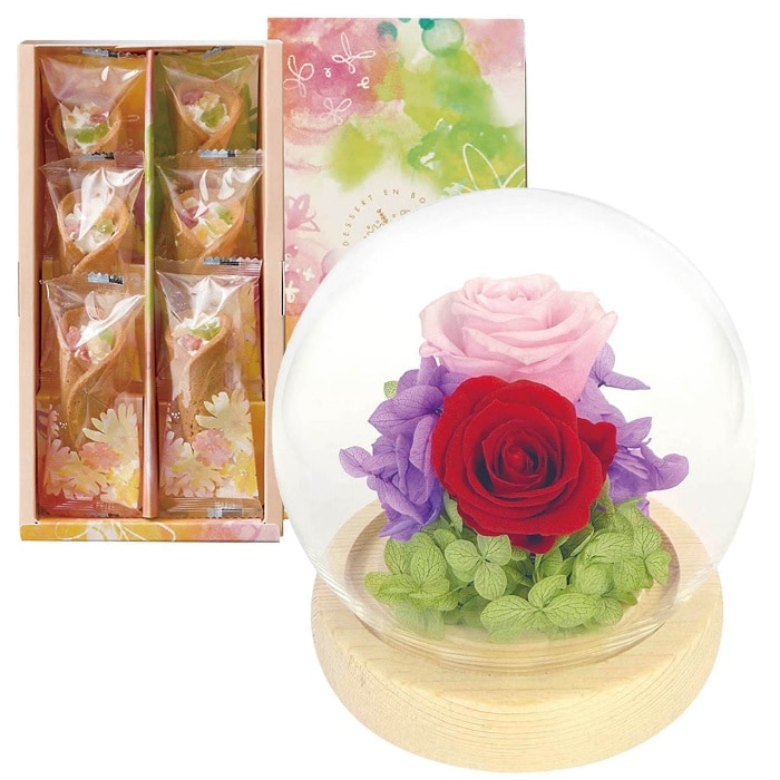 [直送商品]母の日 5/8-10お届け スフィアドームアレンジ 希 ピンク＆花束のデザート6個入ギフトセット 【配送指定日不可】 (1854-662)
