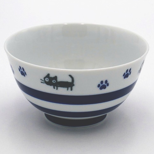 茶碗ボーダーキャット青 白