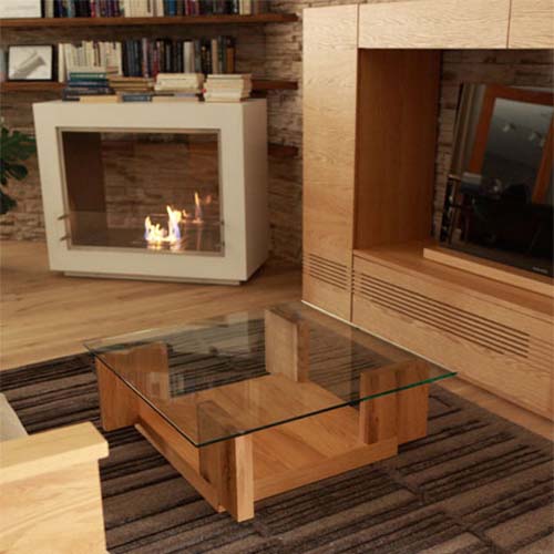 カラメッラ リビングテーブル(クリアガラス × オーク：正方形)